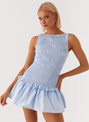 Garden Kisses Shirred Mini Dress - Blue Lightweight Fabric