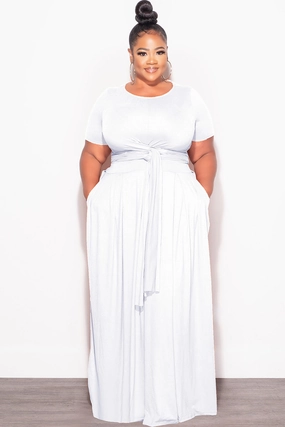 Final Sale Plus Size 2pc Short Sleeve Tie Top and Skirt Set in White Cozy Stretch