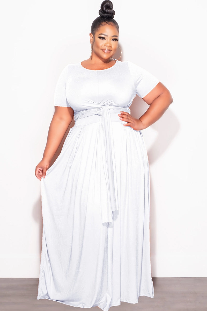 Weekend Comfort Final Sale Plus Size 2pc Short Sleeve Tie Top and Skirt Set in White