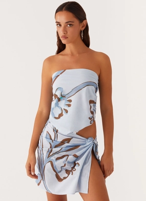 shoe venue Layered Panel Design Vacay Mode Scarf Top - Blue Floral Print