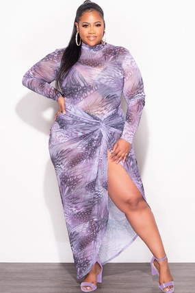 Active Stretch Final Sale Plus Size 2-Pc Mesh Set with Bodysuit & High Split Skirt in Purple Print Print