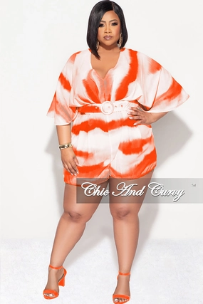 Final Sale Plus Size Chiffon Romper with Belt in Orange Print Odor Resistant Active Utility