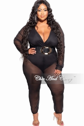Essential Wearable ReinforcedPockets Final Sale Plus Size Sheer Mesh Deep V Jumpsuit in Black