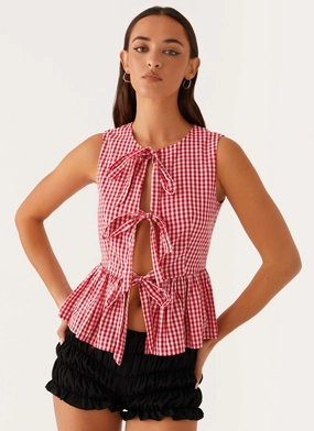 Cyrene Tie Top - Red Gingham Chic Tee FlexibleRibbedTrims