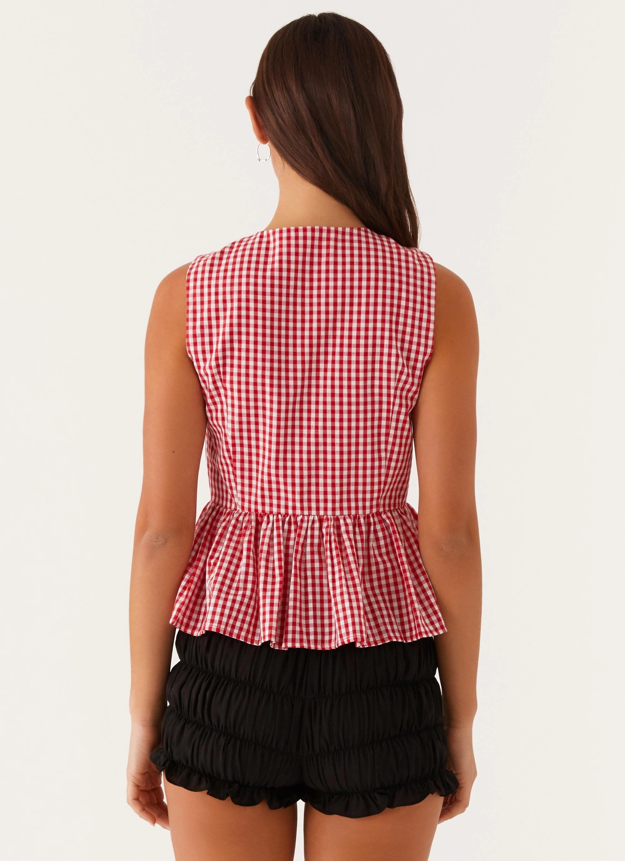 StretchTechnology Ergonomic Shoulder Shape Cyrene Tie Top - Red Gingham