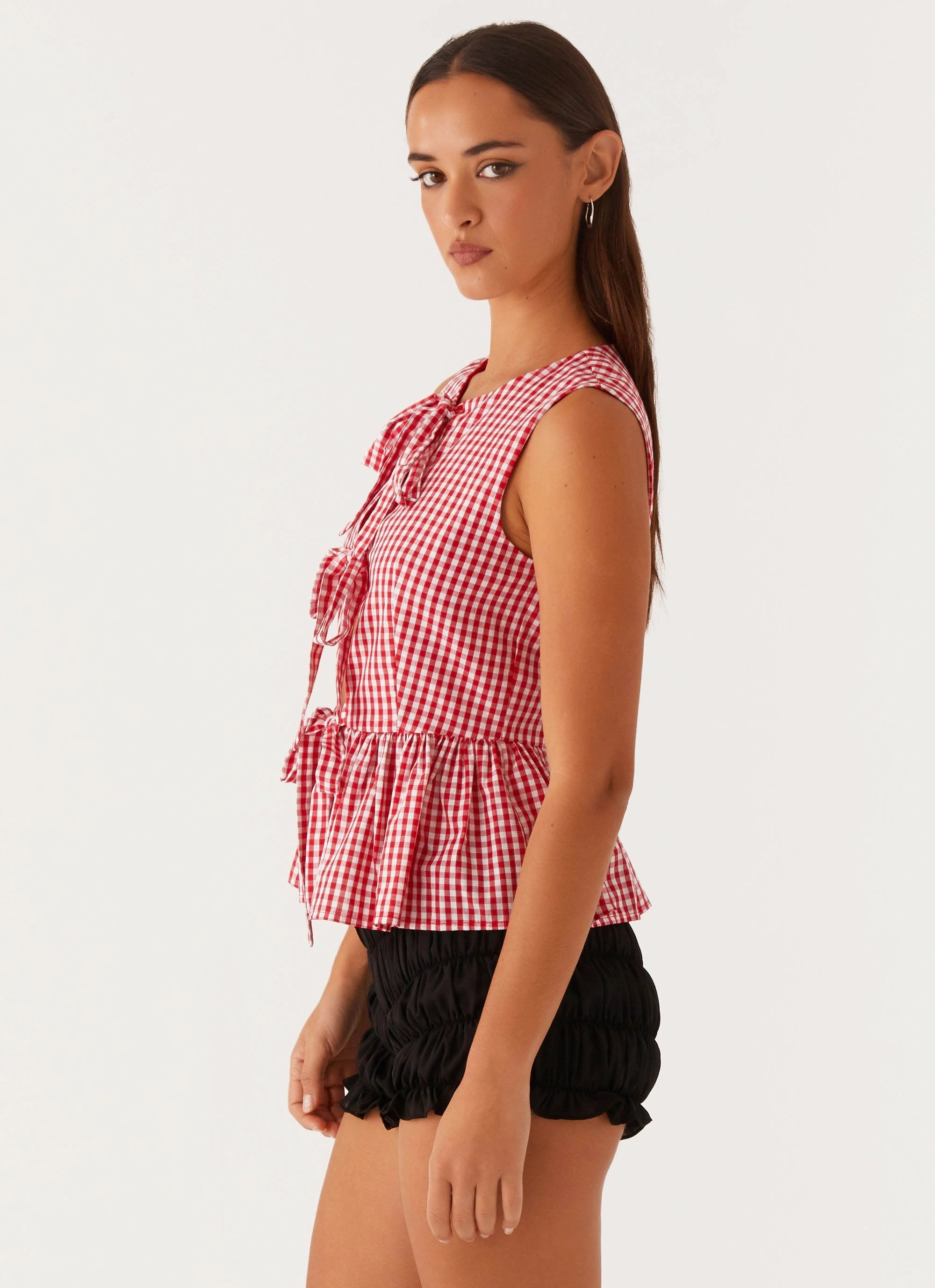 Cyrene Tie Top - Red Gingham LatticeKnit Double Chest Pocket
