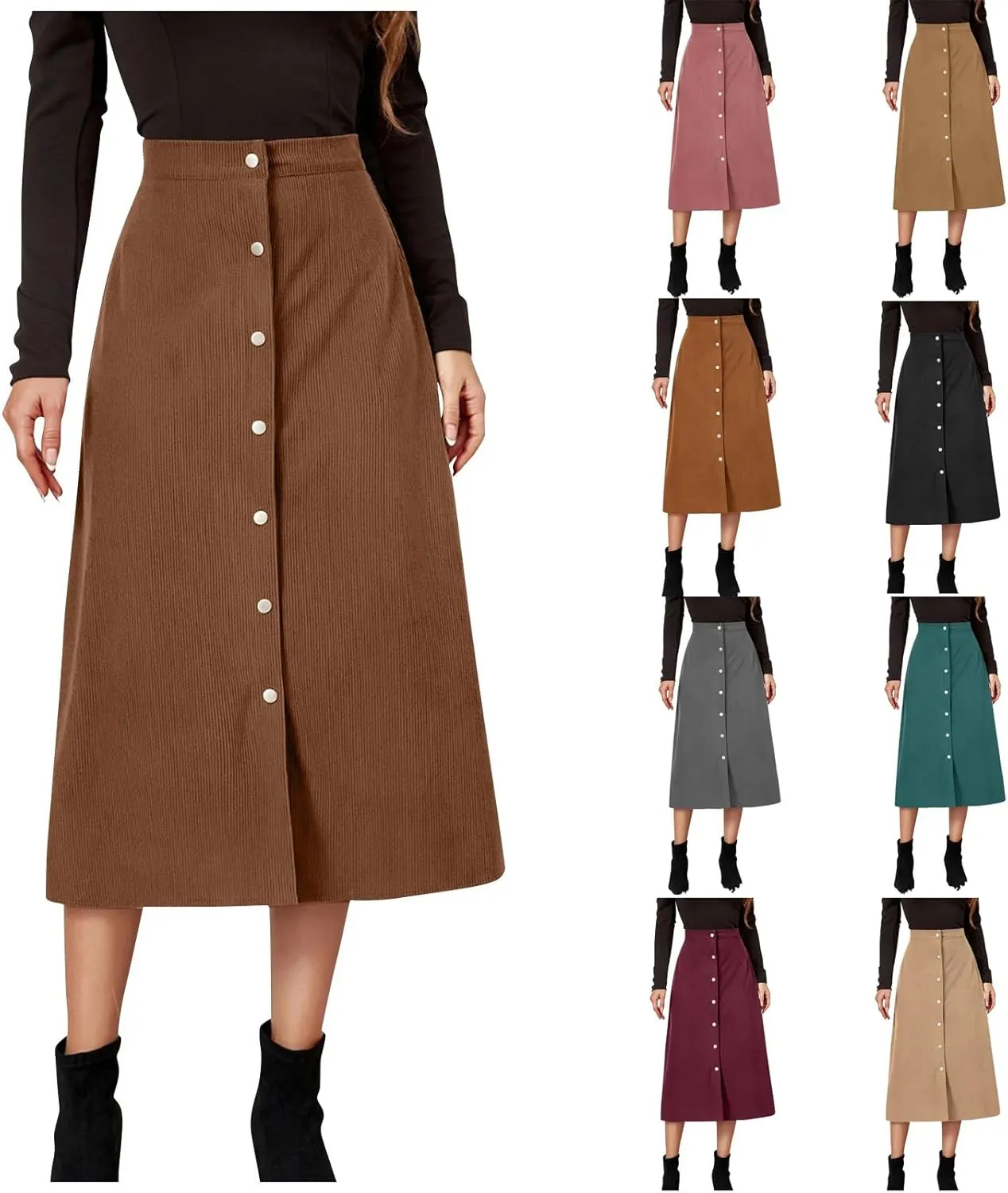Corduroy Skirt Women Button Front Midi Skirt A-line Skater Skirt High Waist Elastic Flared Swing Skirt with Pocket