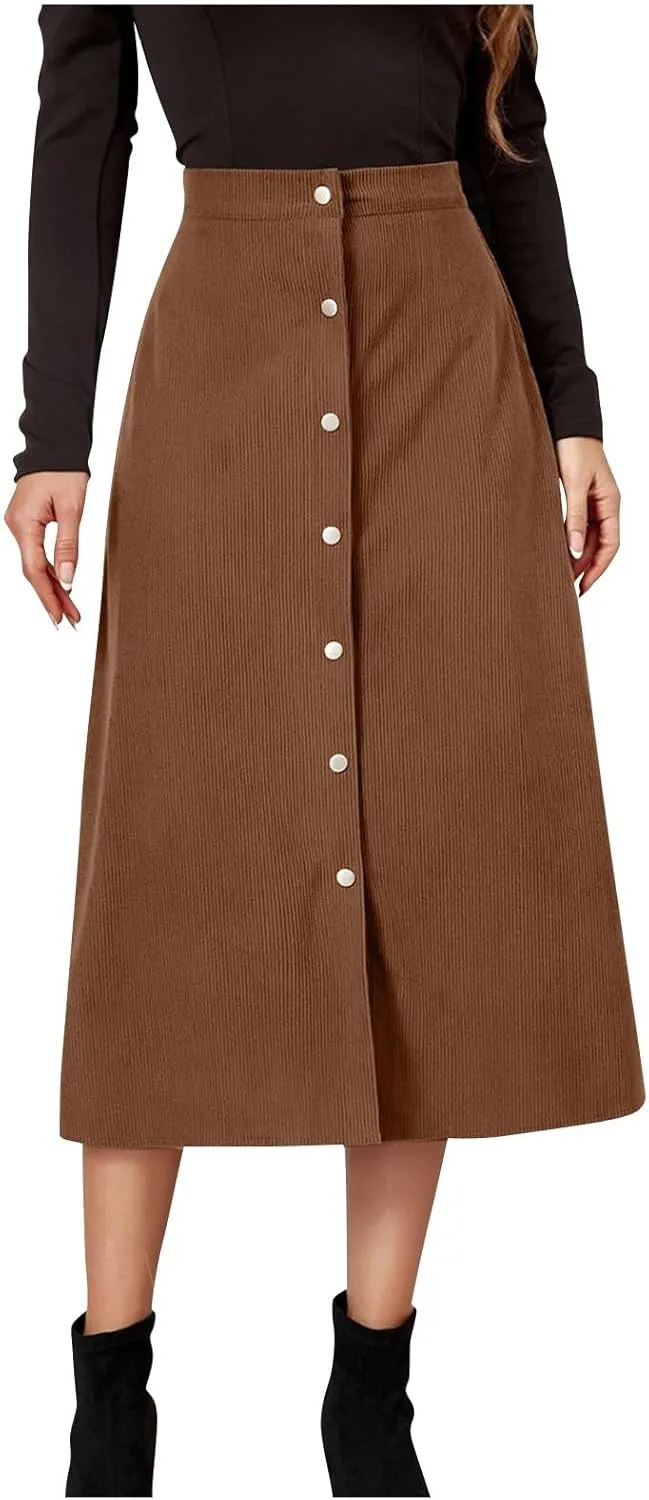 Corduroy Skirt Women Button Front Midi Skirt A-line Skater Skirt High Waist Elastic Flared Swing Skirt with Pocket