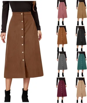Corduroy Skirt Women Button Front Midi Skirt A-line Skater Skirt High Waist Elastic Flared Swing Skirt with Pocket