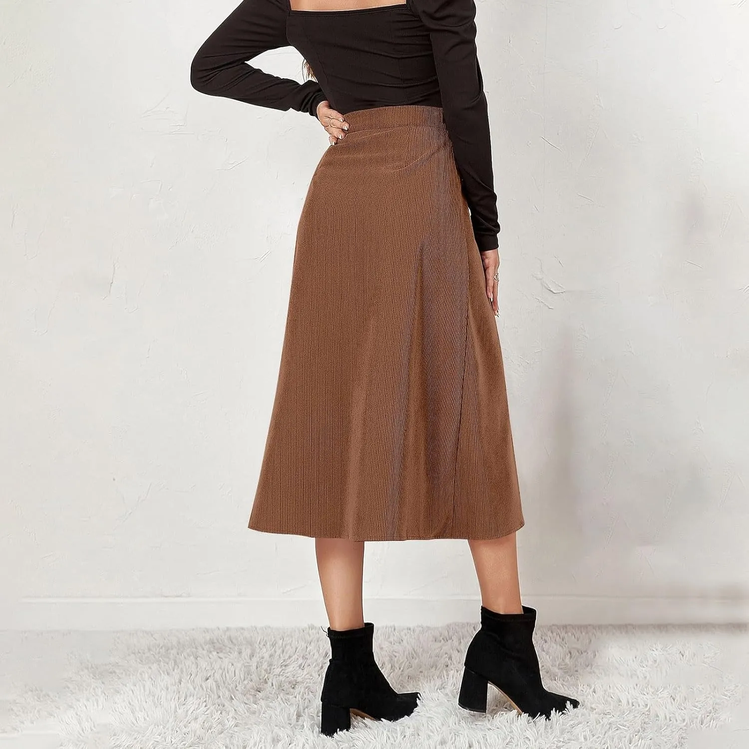 Corduroy Skirt Women Button Front Midi Skirt A-line Skater Skirt High Waist Elastic Flared Swing Skirt with Pocket