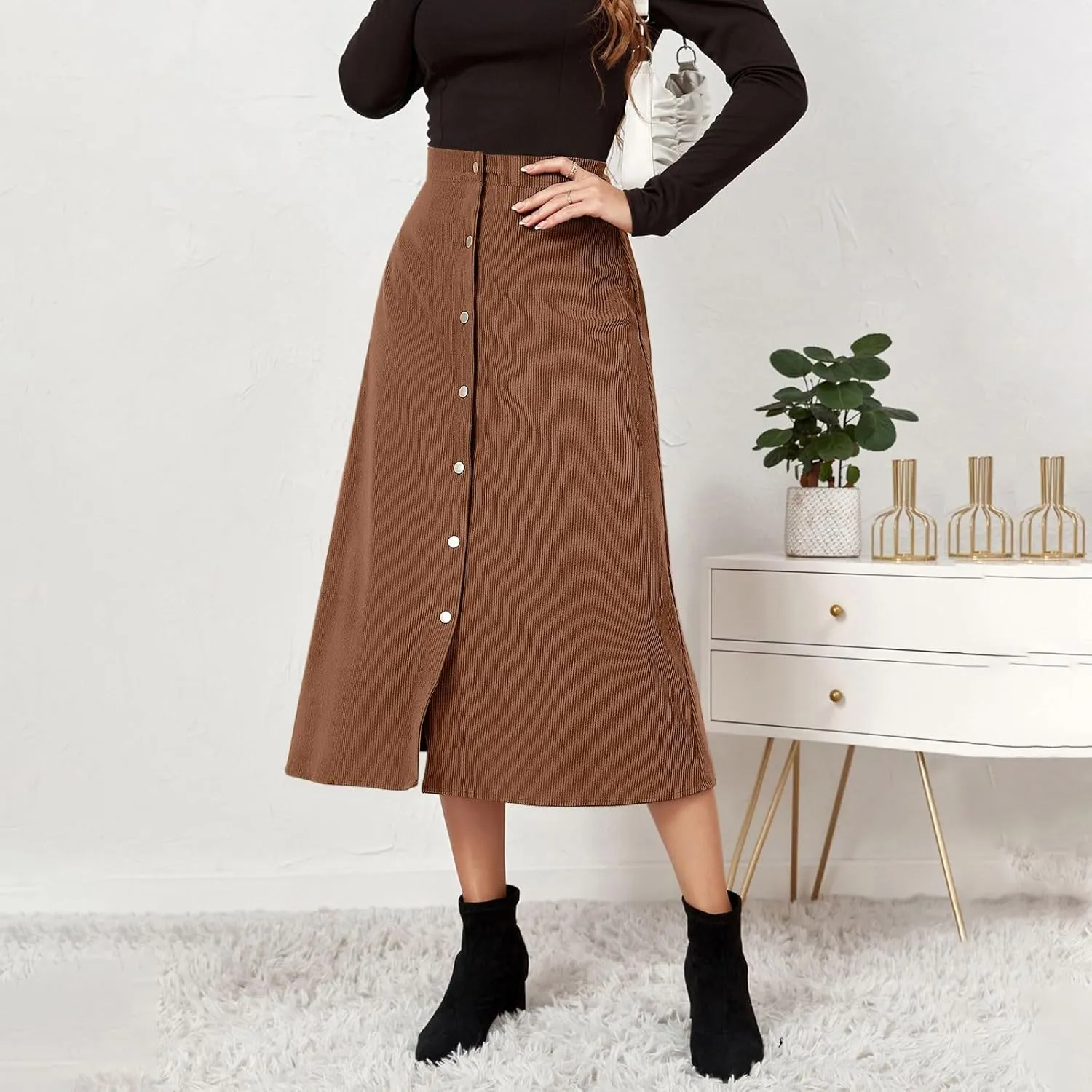 Corduroy Skirt Women Button Front Midi Skirt A-line Skater Skirt High Waist Elastic Flared Swing Skirt with Pocket