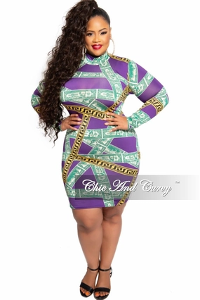 Final Sale Plus Size Mock Neck Money Design BodyCon Dress in Purple Maze Print Dressy look