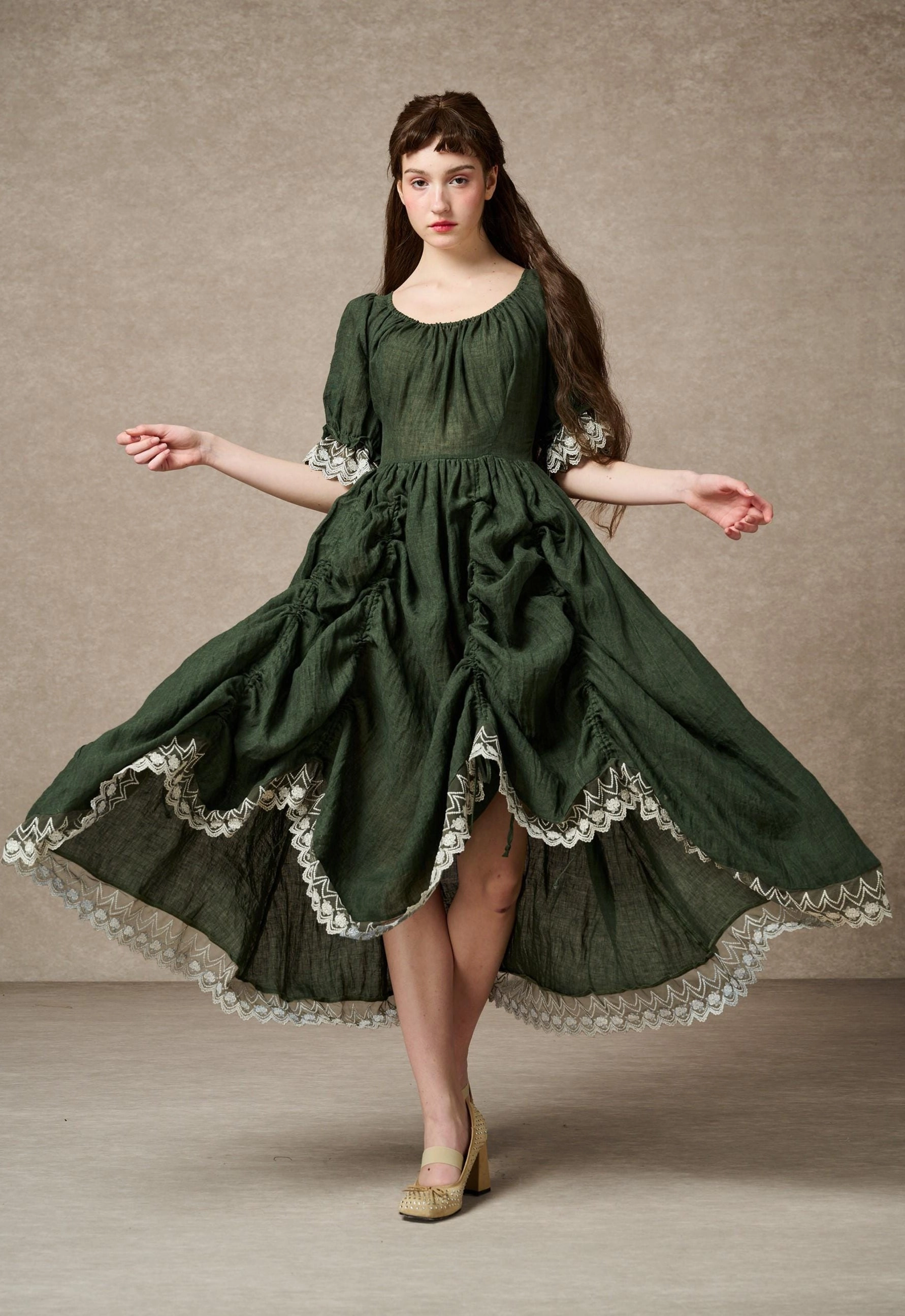 Elowen 27 | Lace Linen dress gown ( 2 way to wear ) Body Shape wrinkle free