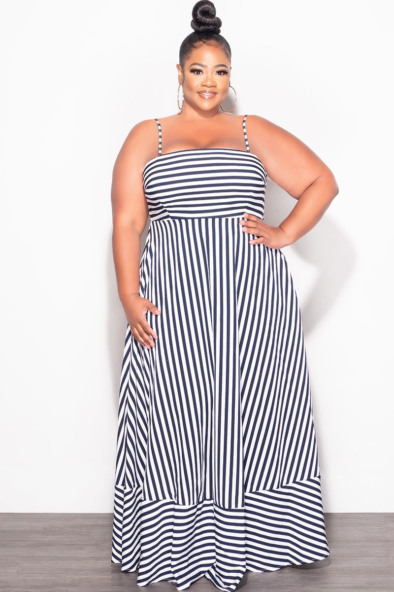 Functional Stretch Abrasion Resistant Panels Final Sale Plus Size Frill Spaghetti Strap Maxi Dress in White and Navy Stripe Print