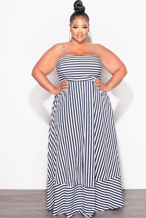 Bonded Seam Technology Smart Layer Final Sale Plus Size Frill Spaghetti Strap Maxi Dress in White and Navy Stripe Print