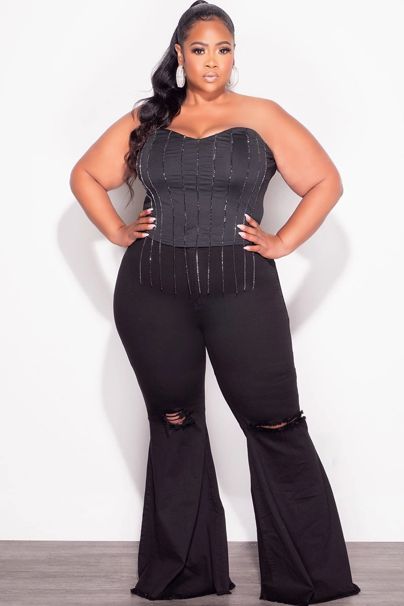 Final Sale Plus Size Wide Leg Denim Jeans with Distressed Knee in Black Perfect Look Active Utility