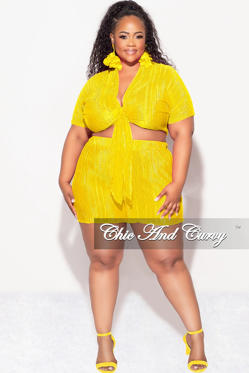 Final Sale Plus Size 2pc Pleated Crop Tie Top & Short Set in Yellow AdjustableWaistband Mid-rise fit