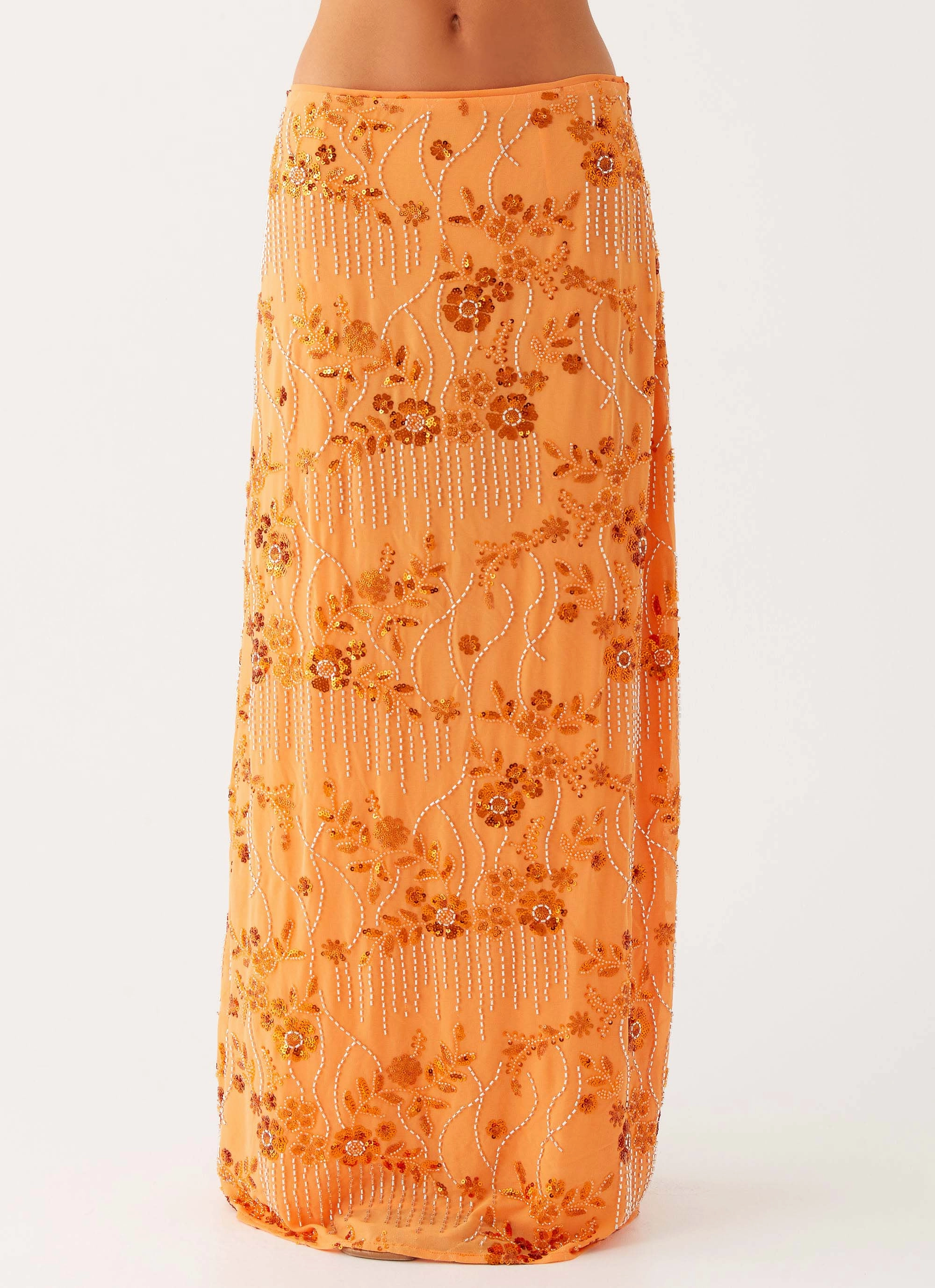 Gusseted Crotch Corinna Low Rise Sequin Maxi Skirt - Orange