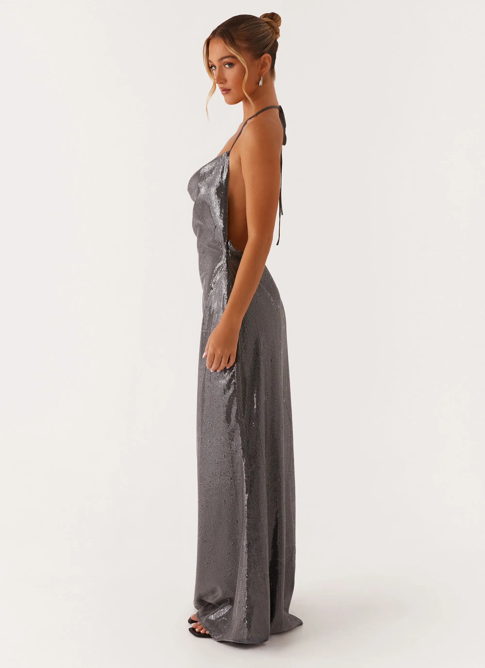 Sleek Love Sequin Maxi Dress - Silver Sequin Collar Accent Trend Smart