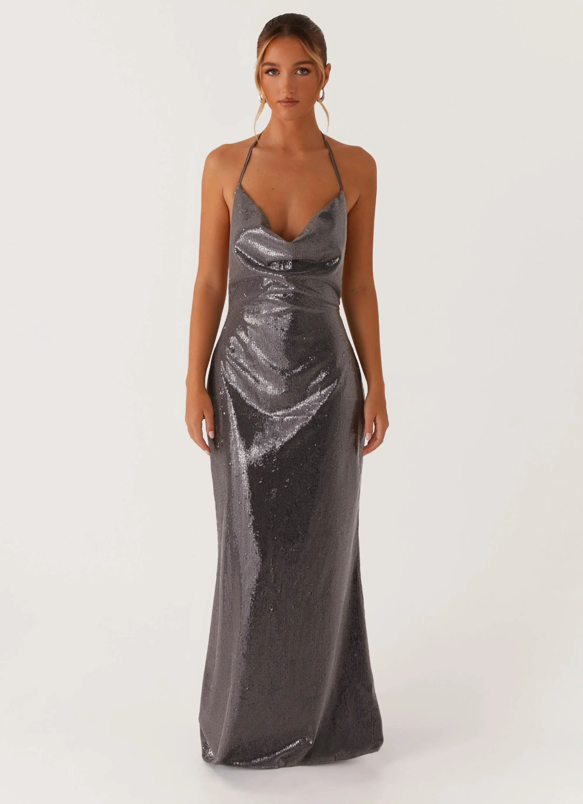 WideCollarDesign Seasonal Wear Sleek Love Sequin Maxi Dress - Silver Sequin