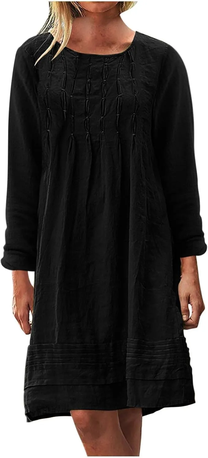 Cotton Linen Dress for Women Long Sleeve Casual Crew Neck Mini Dresses Loose Beach Vacation Bohemian Solid Sundress