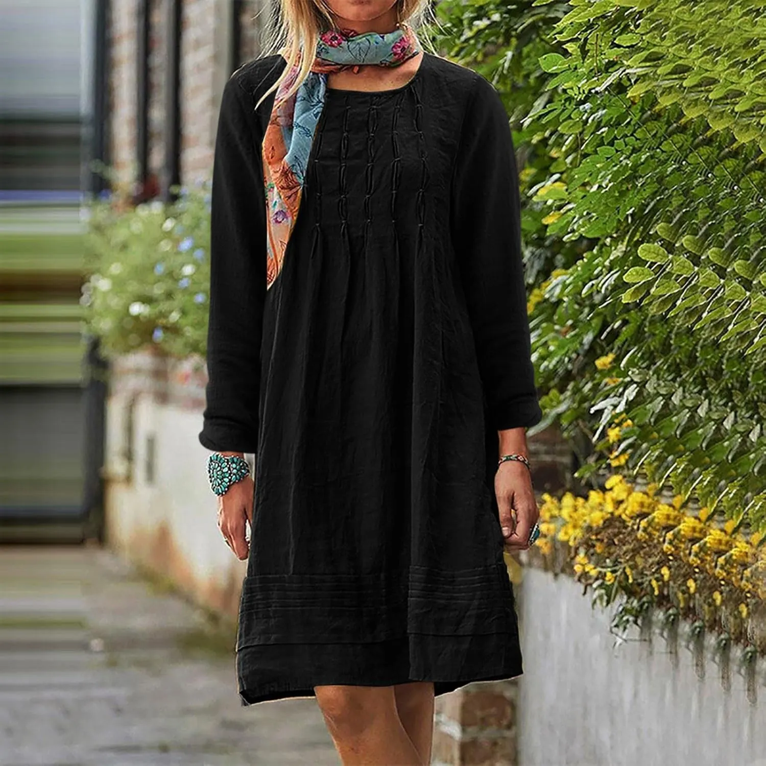 Cotton Linen Dress for Women Long Sleeve Casual Crew Neck Mini Dresses Loose Beach Vacation Bohemian Solid Sundress