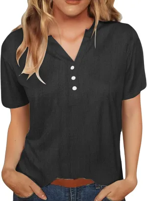 Cotton Linen Tops for Women Loose Fit V Neck Button Down Henley Shirts Summer Short Sleeve Blouse Beach Tee Shirt