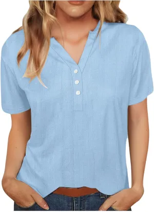Cotton Linen Tops for Women Loose Fit V Neck Button Down Henley Shirts Summer Short Sleeve Blouse Beach Tee Shirt
