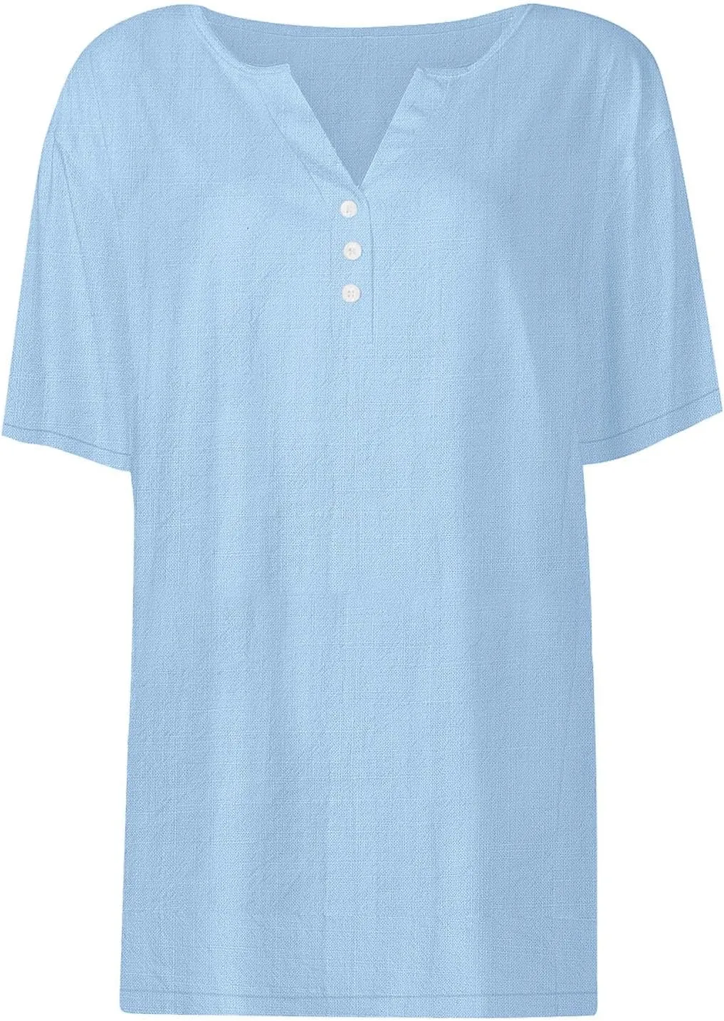 Cotton Linen Tops for Women Loose Fit V Neck Button Down Henley Shirts Summer Short Sleeve Blouse Beach Tee Shirt