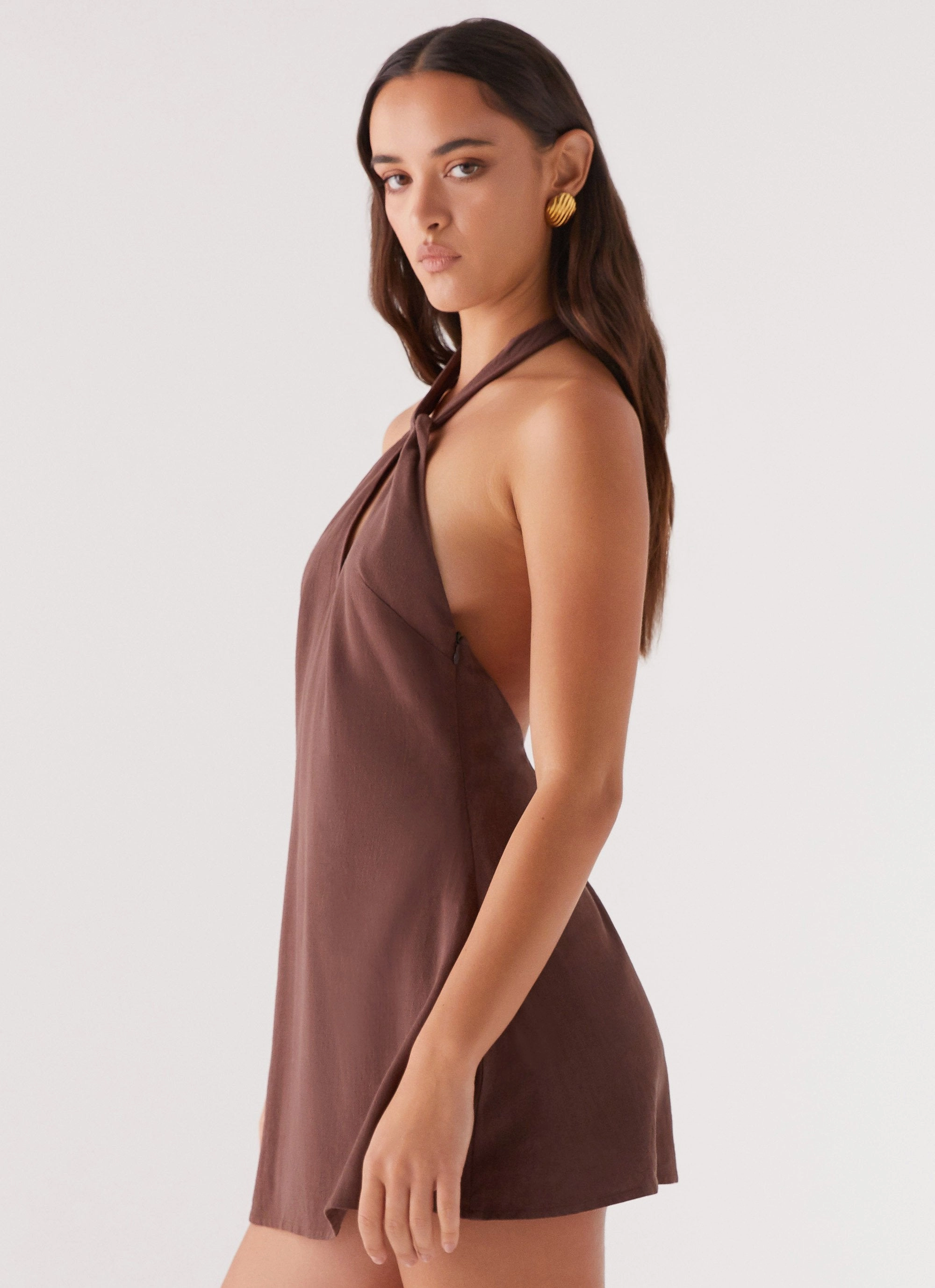 Counting Stars Linen Halterneck Dress - Chocolate Breathable Comfort Wear
