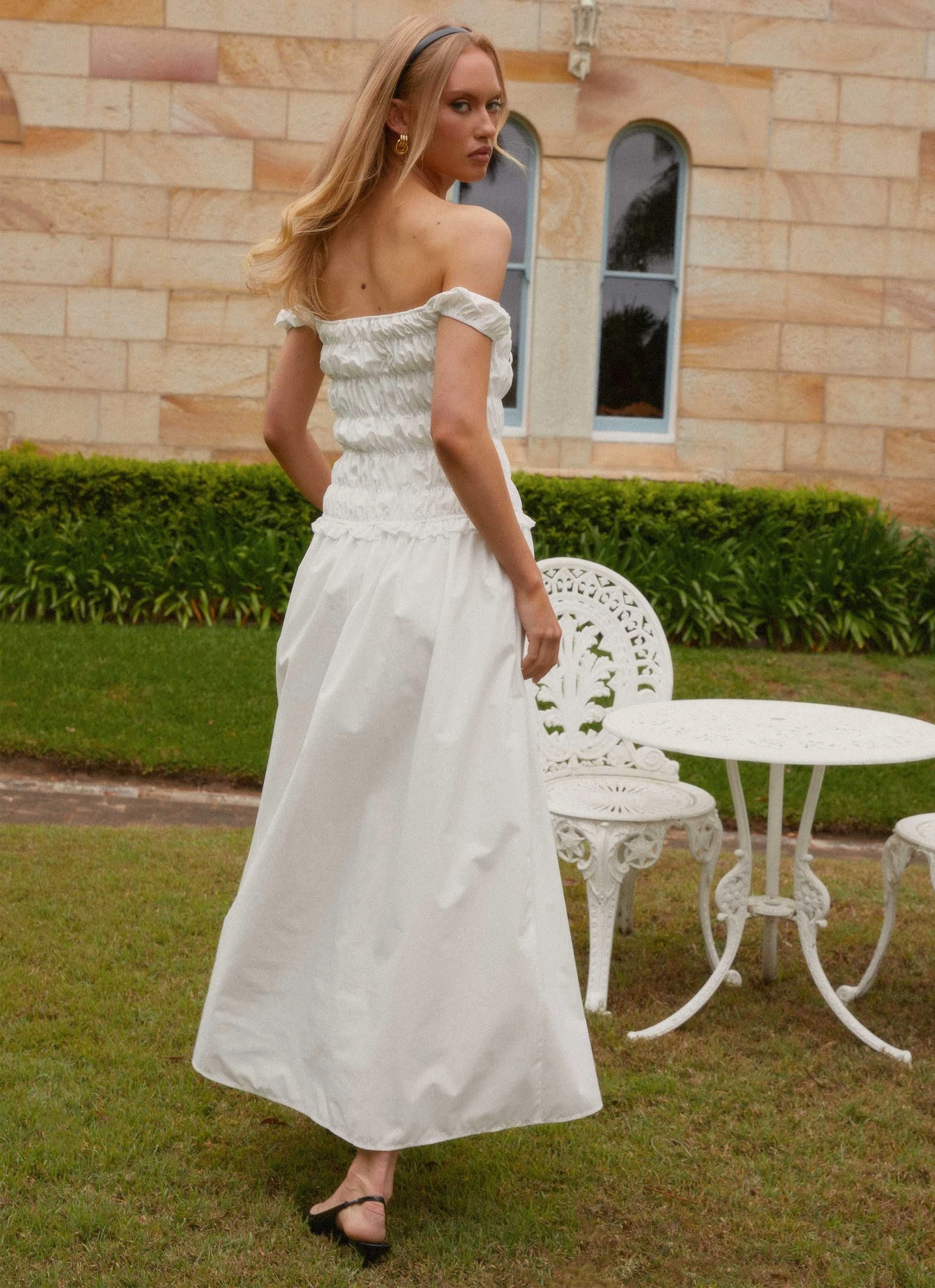 Countryside Off Shoulder Maxi Dress - Ivory Easy Movement Casual chic dress