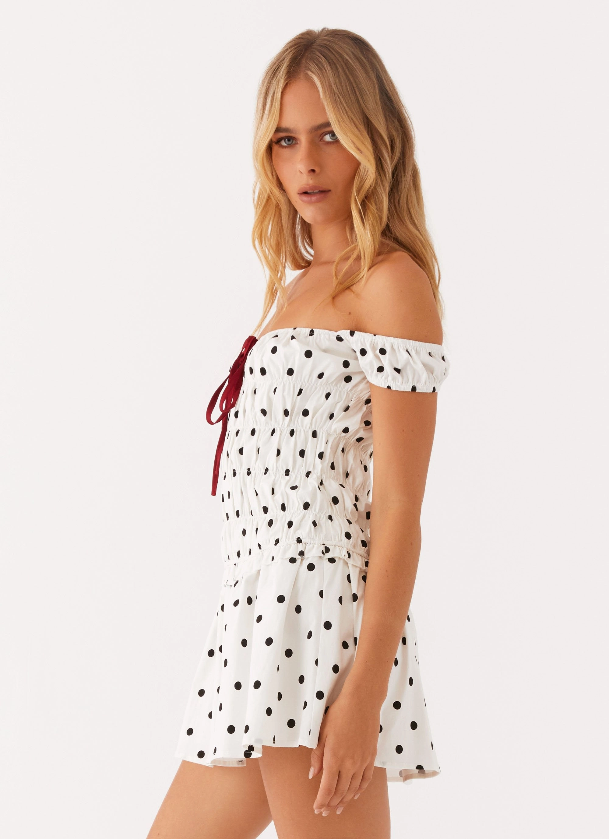 Cool Comfort All-day style Countryside Off Shoulder Mini Dress - White Polkadot