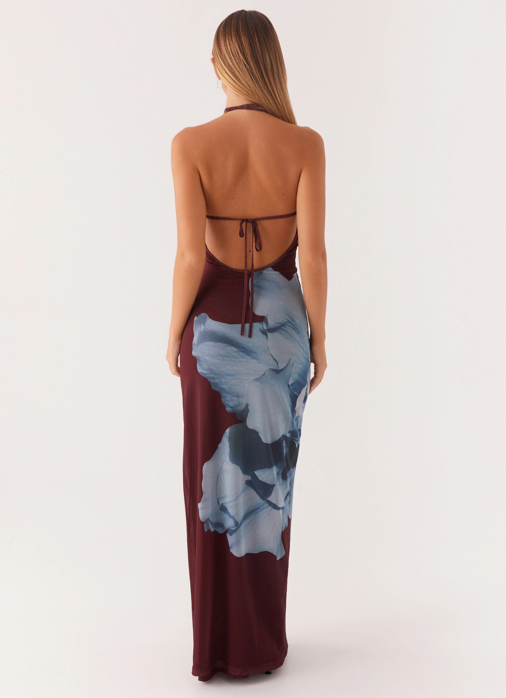 Dayana Halterneck Maxi Dress - Maroon Print Lightweight Layer