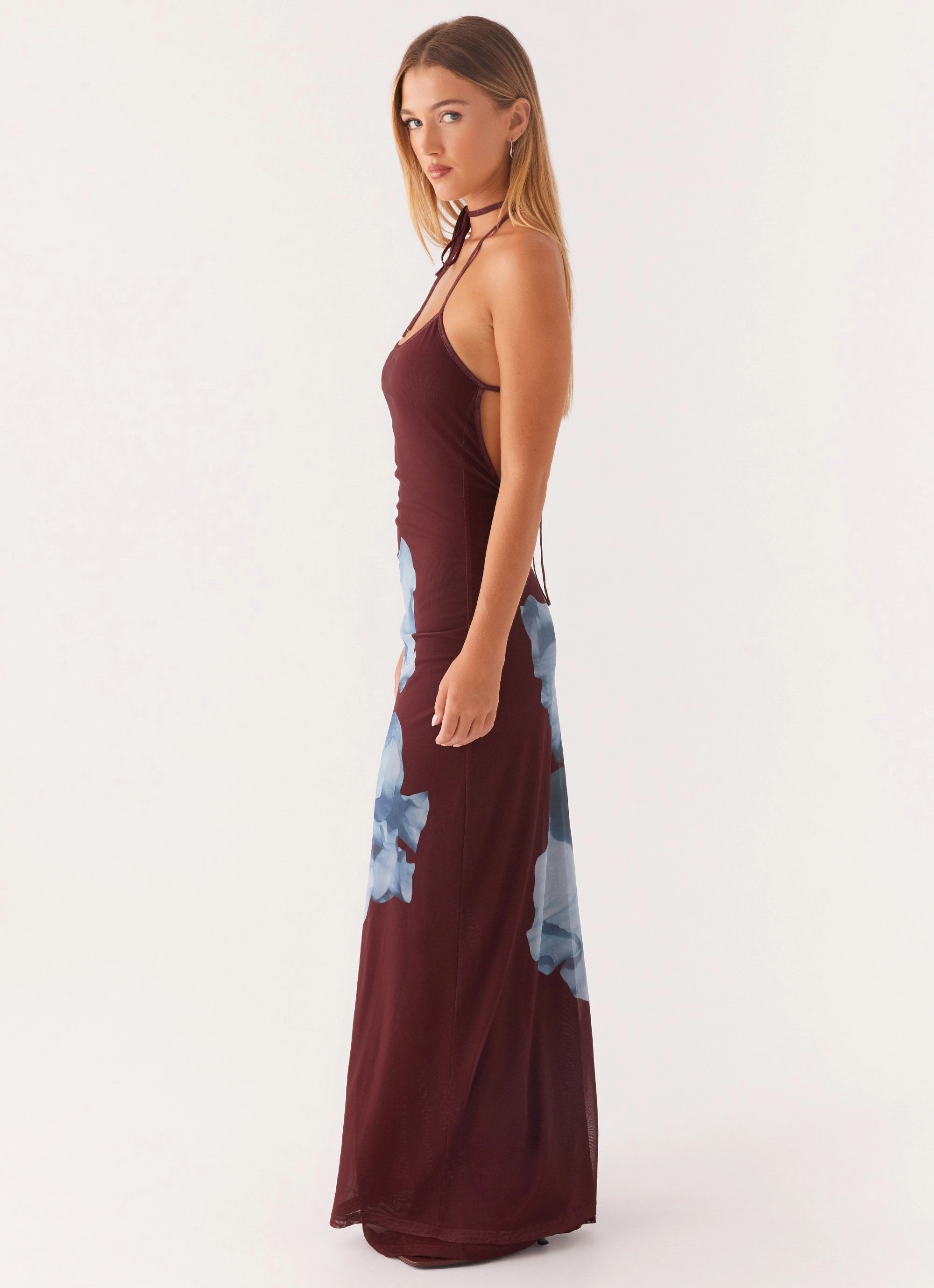 Saturated Hue Dayana Halterneck Maxi Dress - Maroon Print