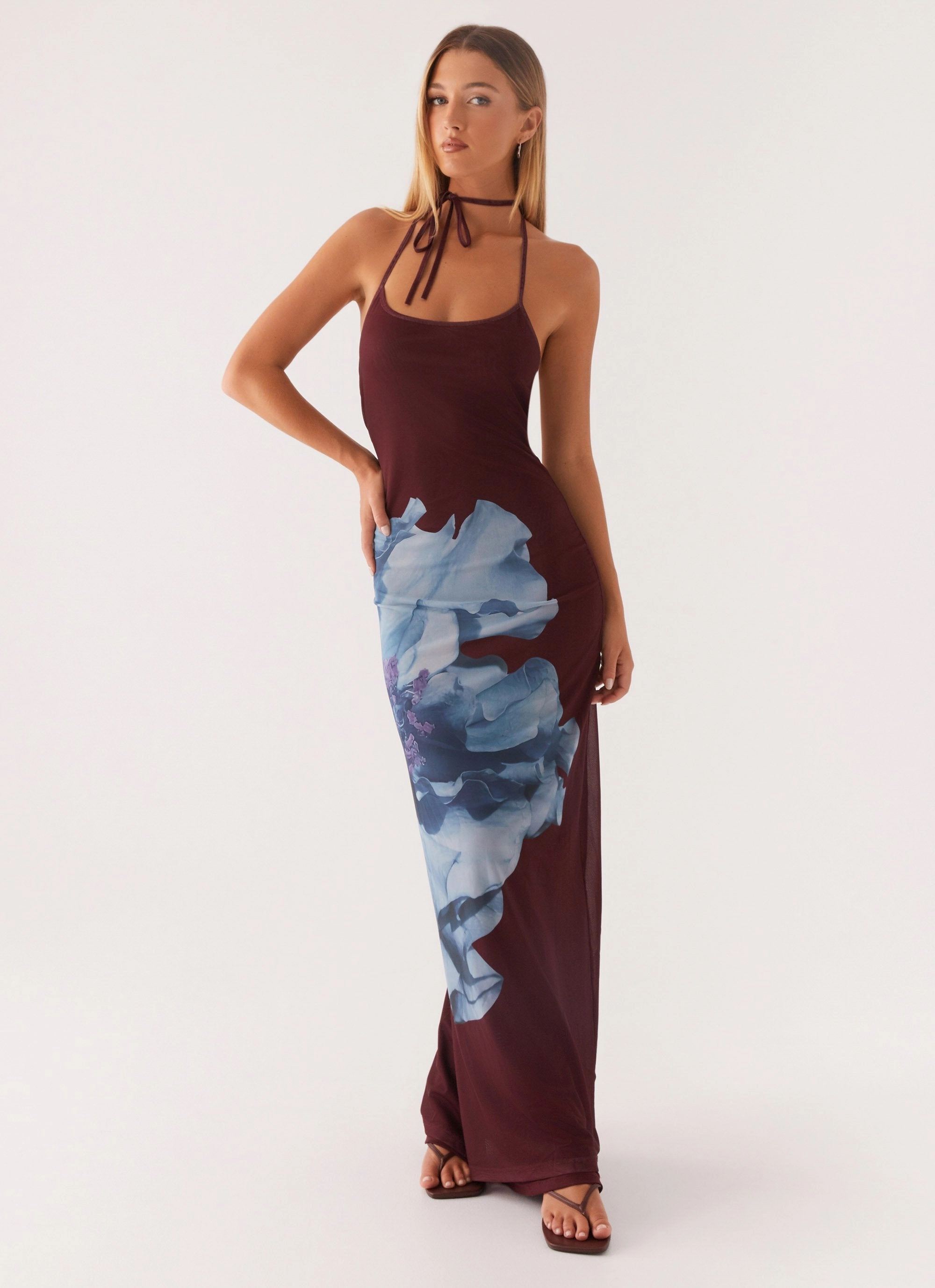 Polished Layer Style Option Dayana Halterneck Maxi Dress - Maroon Print