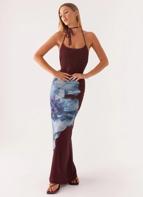 Dayana Halterneck Maxi Dress - Maroon Print Crisp Silhouette Essential Layer