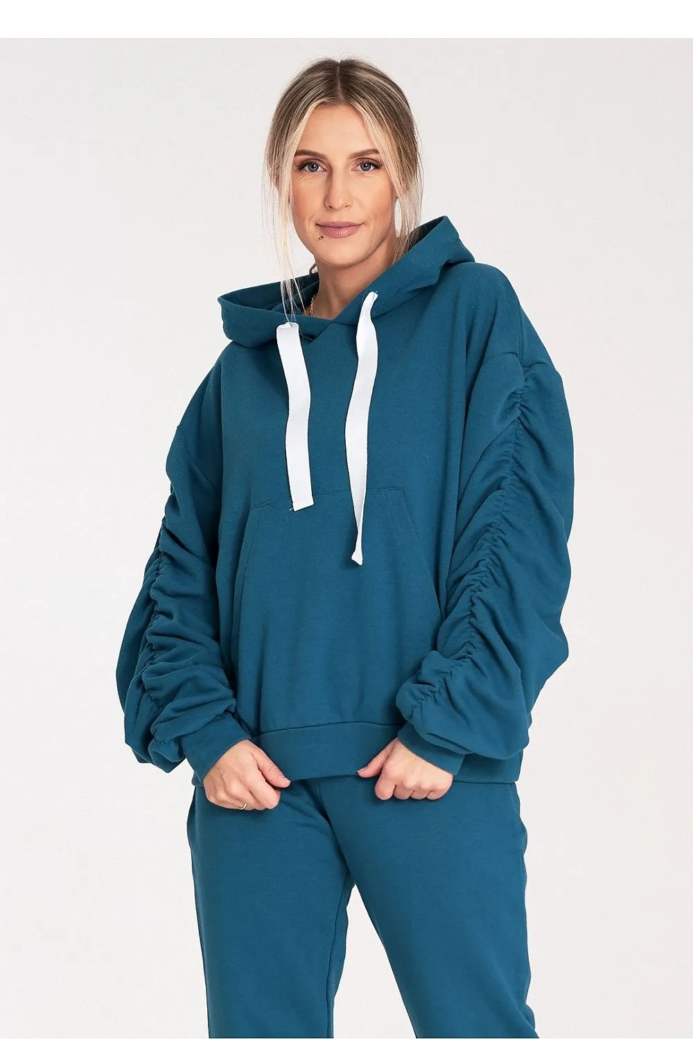 Cozy Pleat Sleeve Pocket Hoodie