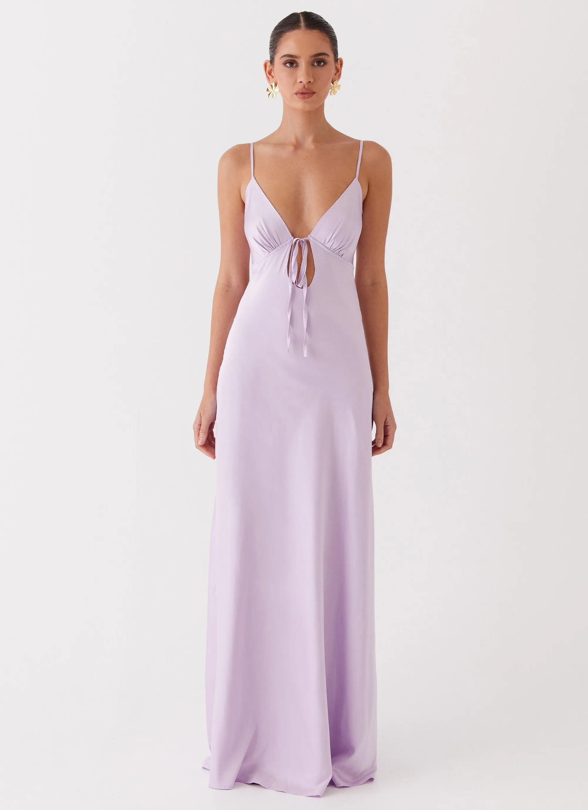 Glossy-Finish Flora Satin Maxi Dress - Lilac