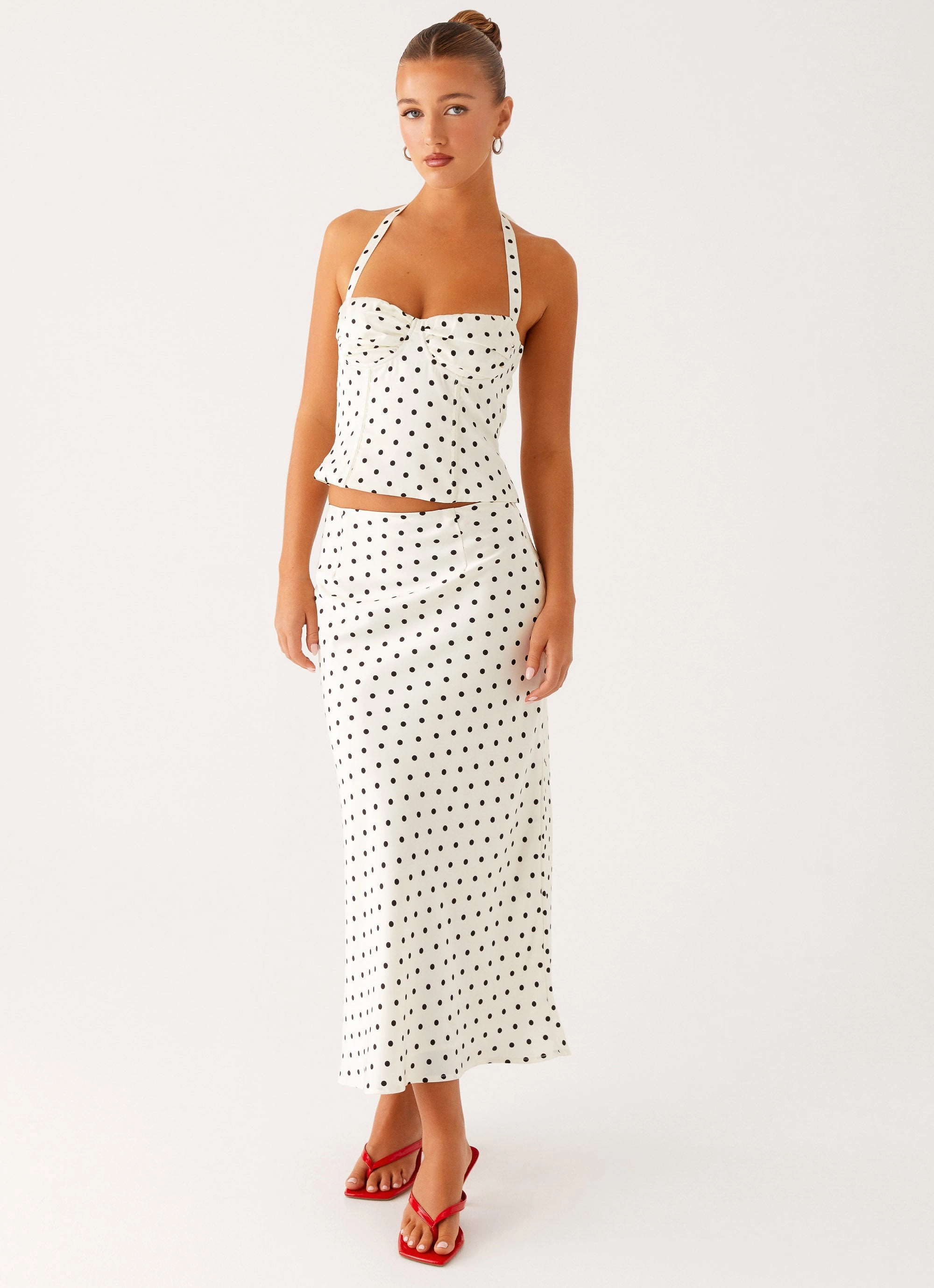 Breanne Midi Skirt - White Polka Dot Anti Friction Lining