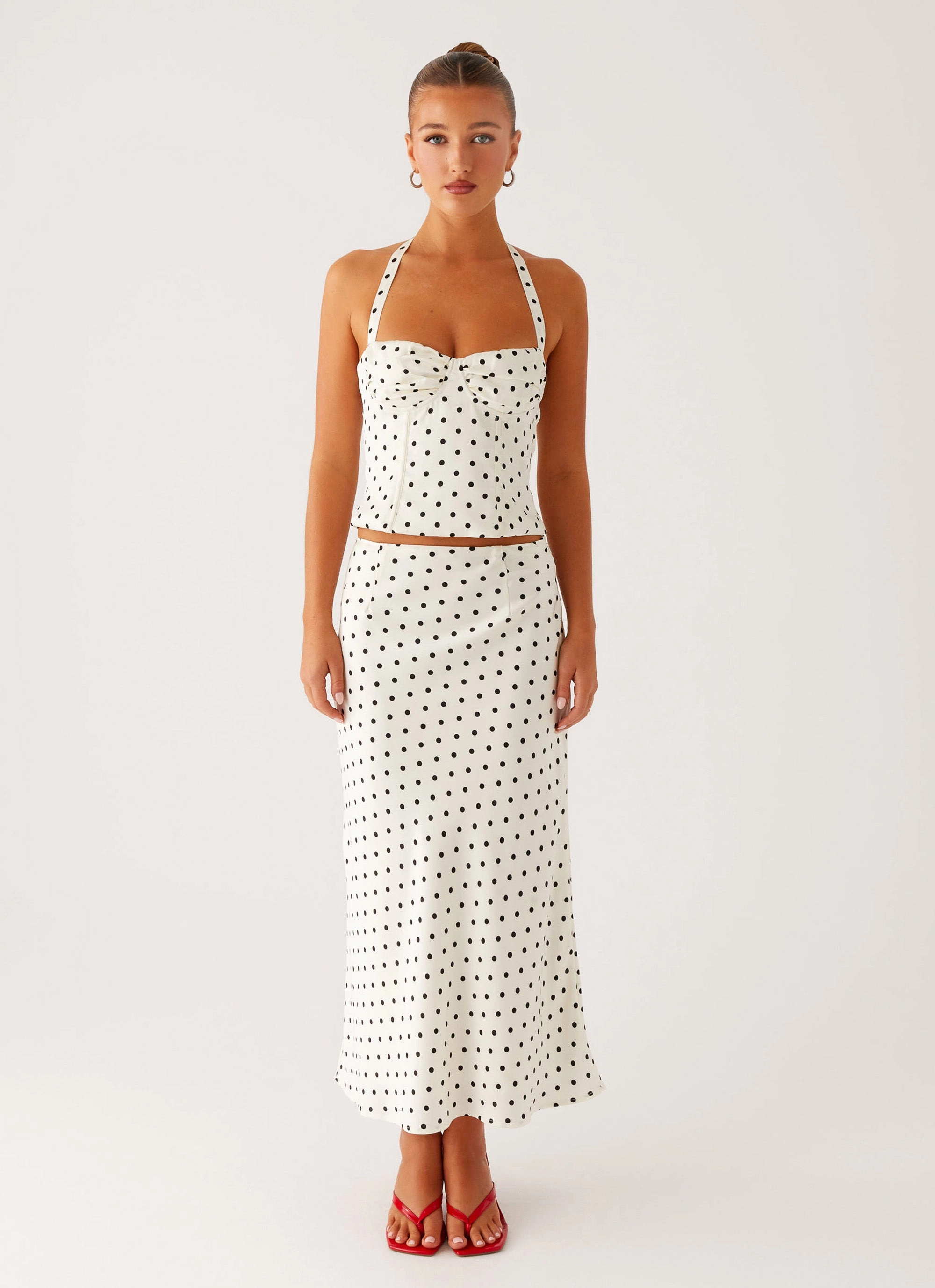 Breanne Midi Skirt - White Polka Dot StretchMaterial