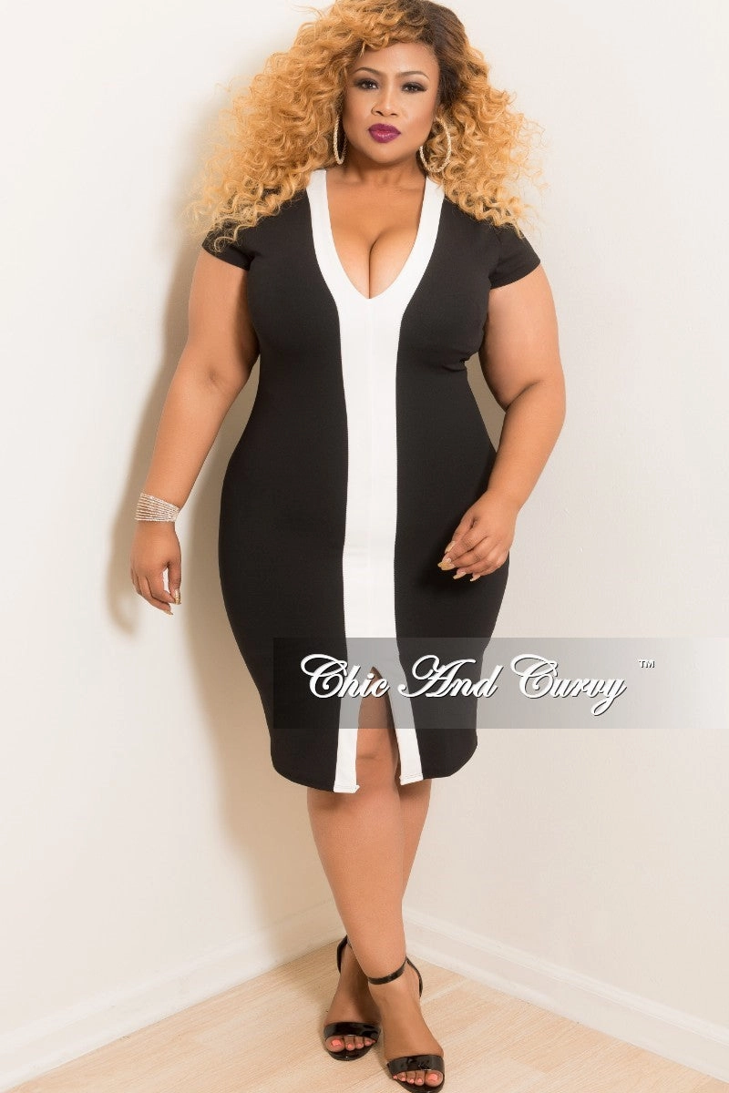 Final Sale Plus Size BodyCon V-Neck Short Sleeve Dress in Black with Off White Line MachineWashable