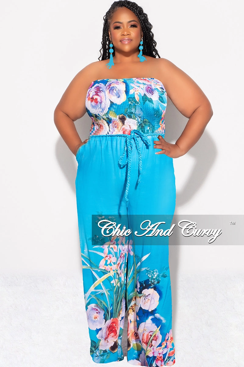 ReinforcedSeams Final Sale Plus Size Strapless Jumpsuit with Tie Waist in Turquoise Floral Print