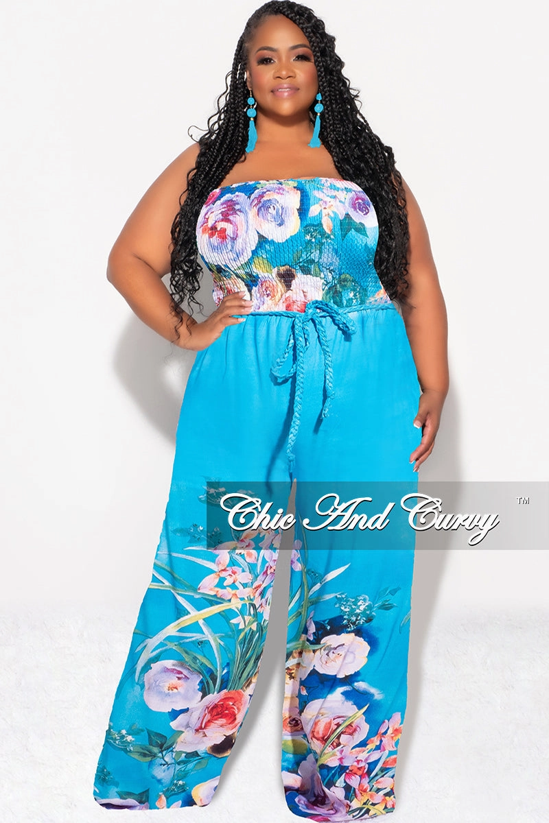 Final Sale Plus Size Strapless Jumpsuit with Tie Waist in Turquoise Floral Print Quick Change