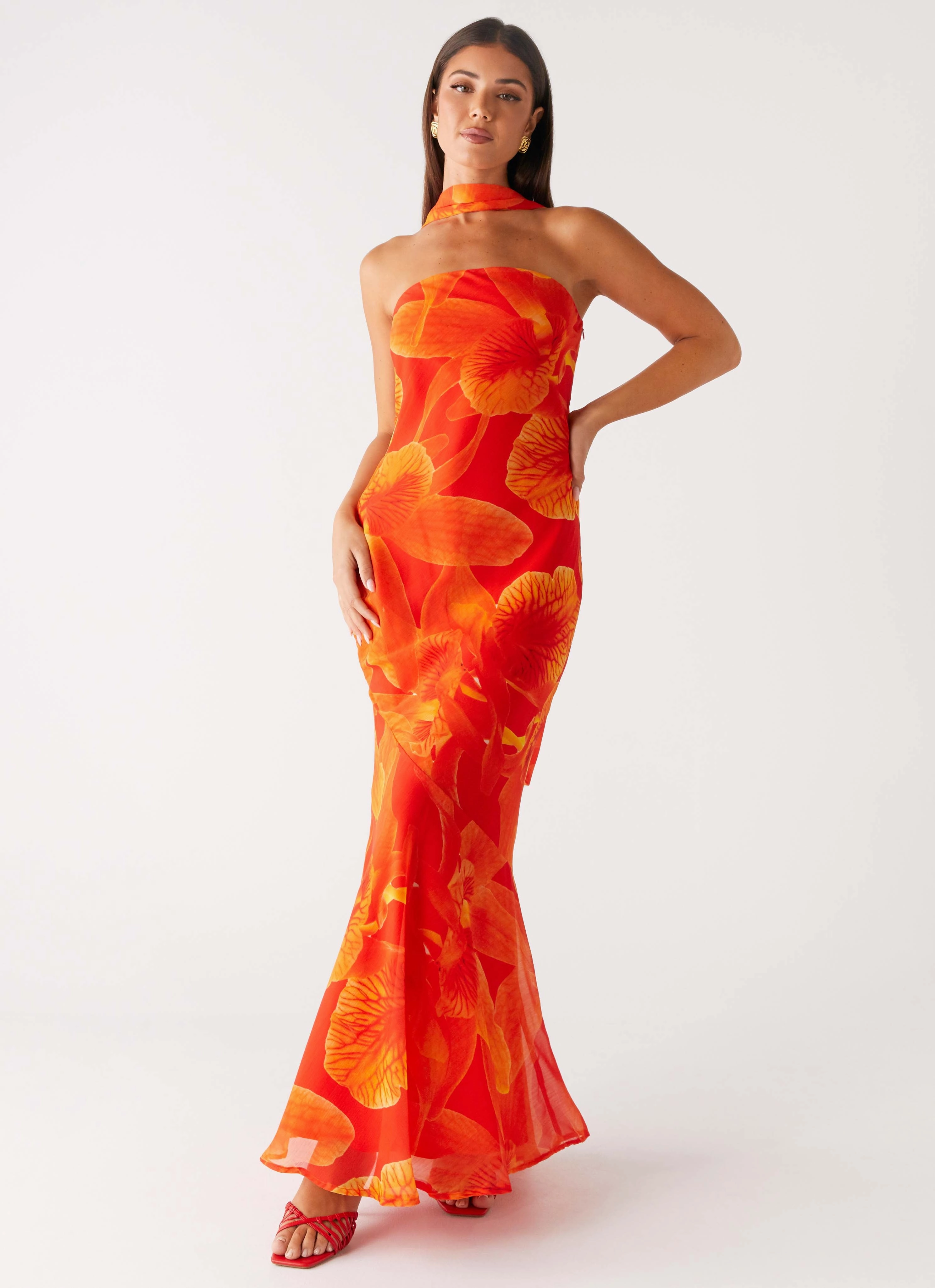 Under The Pagoda Maxi Dress - Orange Floral Button Accent
