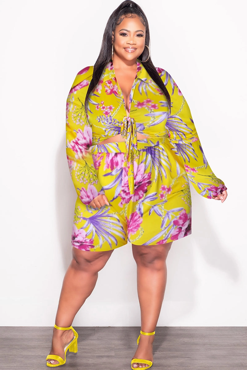 Durable Comfort WaterRepellent Final Sale Plus Size 2pc Crop Top & Bermuda Short Set in Yellow Floral Print