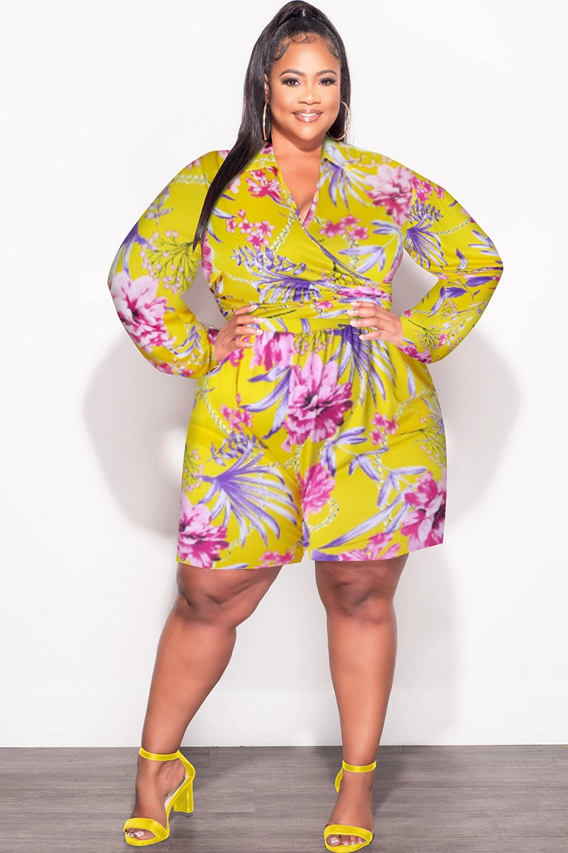 Final Sale Plus Size 2pc Crop Top & Bermuda Short Set in Yellow Floral Print Stay Comfortable