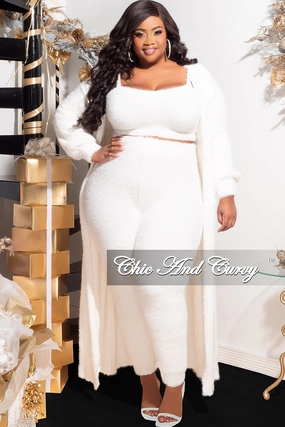 Final Sale Plus Size 3pc Fuzzy (Duster, Sleeveless Crop Top & Pants) Set in Ivory Soft Touch