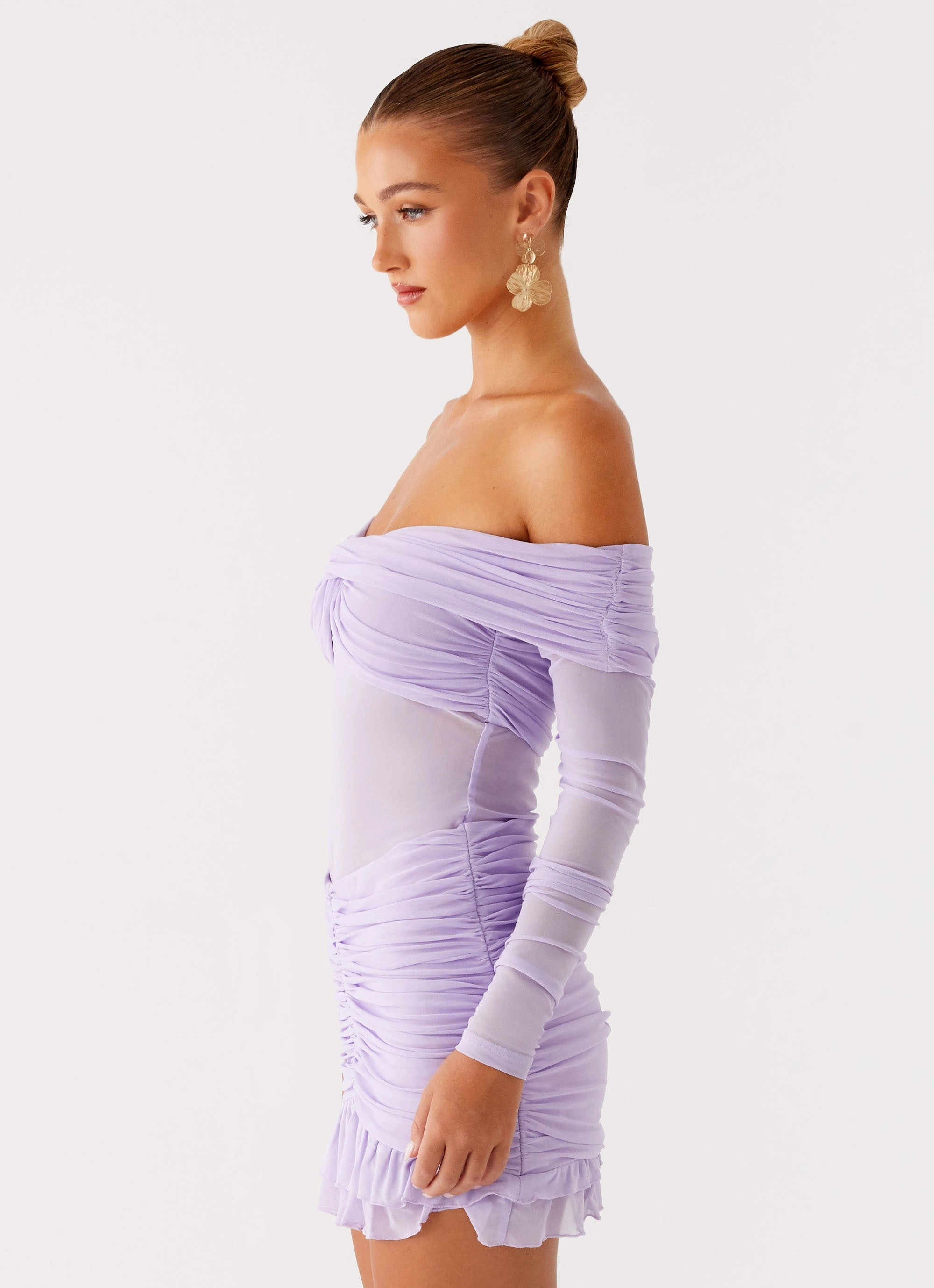 Fashion-forward day dress V Neckline Tiff Long Sleeve Mini Dress - Lilac