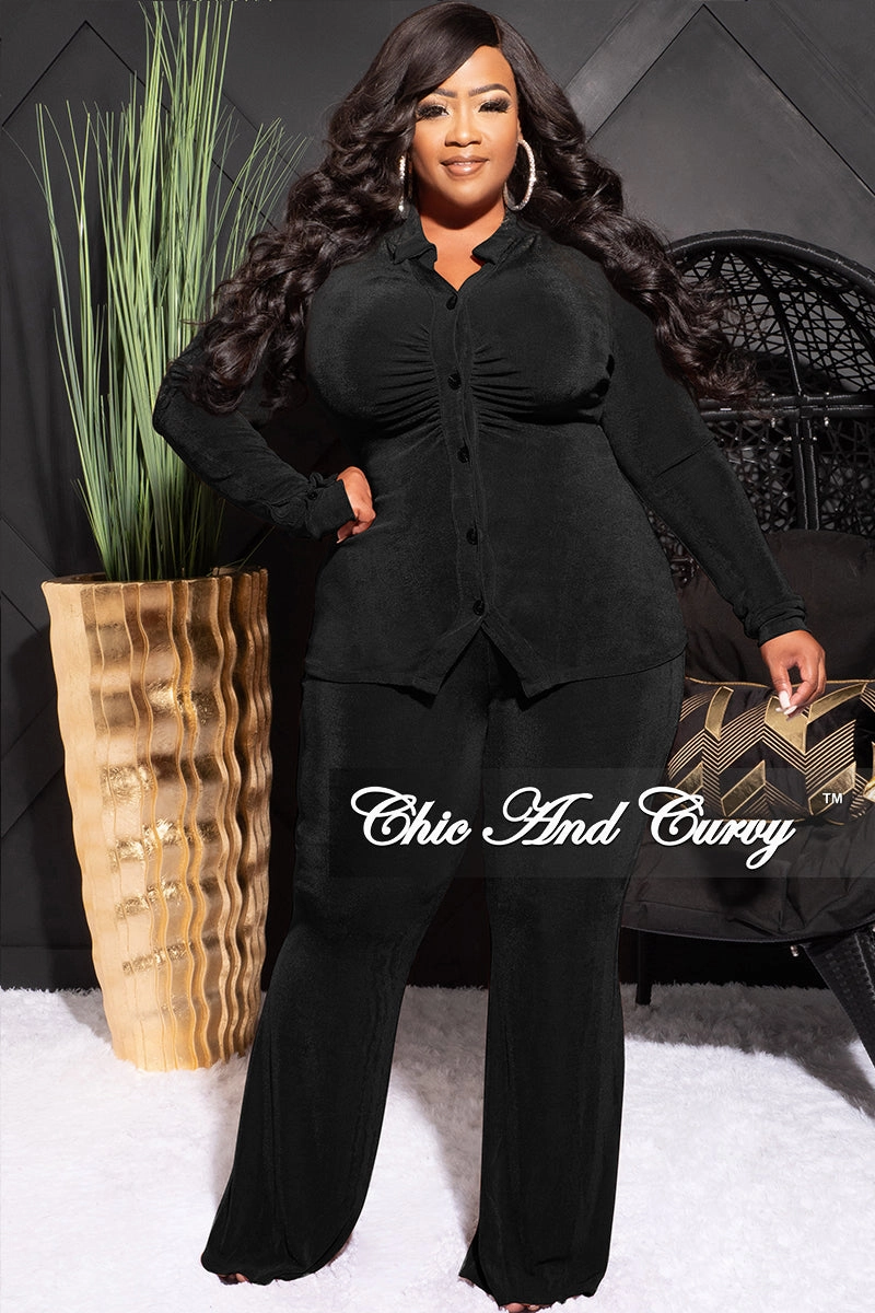 Final Sale Plus Size 2pc Slinky Button Up Collar Top and Pants Set in Black Secure Closures