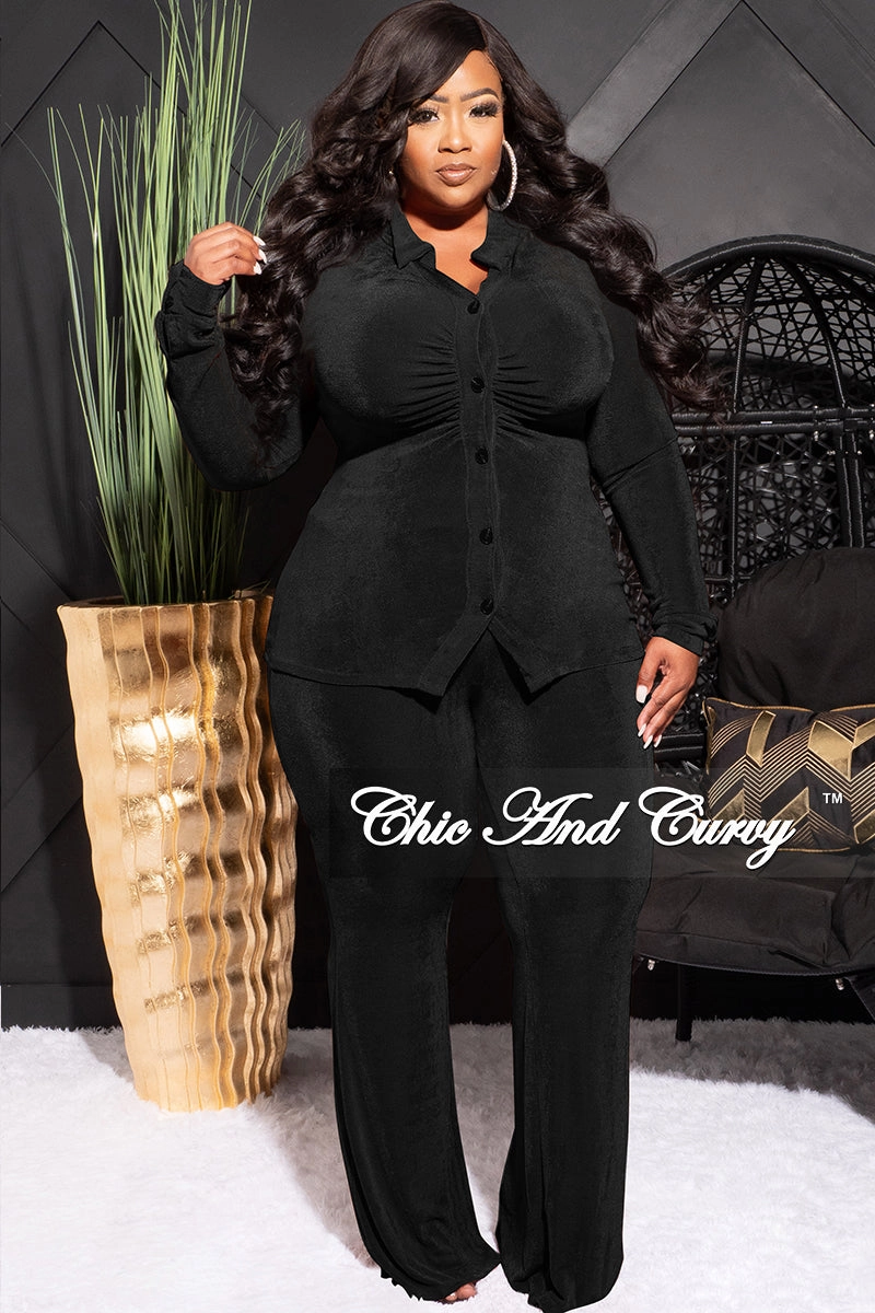 Wrinklefree Simple Utility Final Sale Plus Size 2pc Slinky Button Up Collar Top and Pants Set in Black